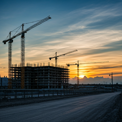 Construction site with cranes at sunset